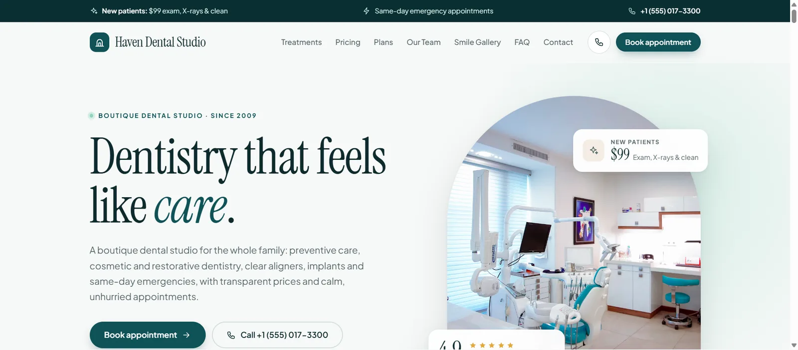 The Haven Dental Studio home page, with the Botvee chat button in the corner