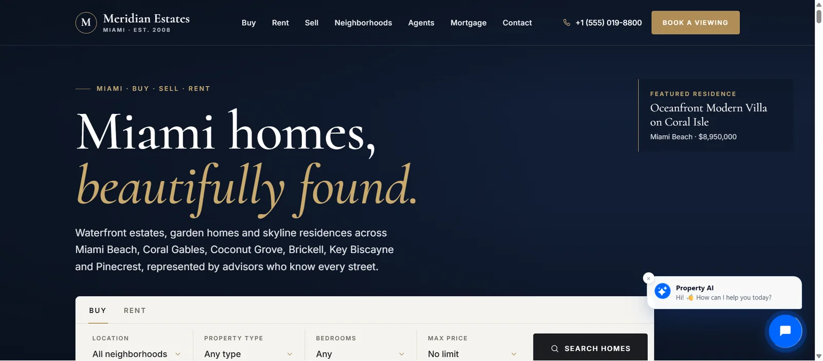 The Meridian Estates home page, with the Botvee chat button in the corner